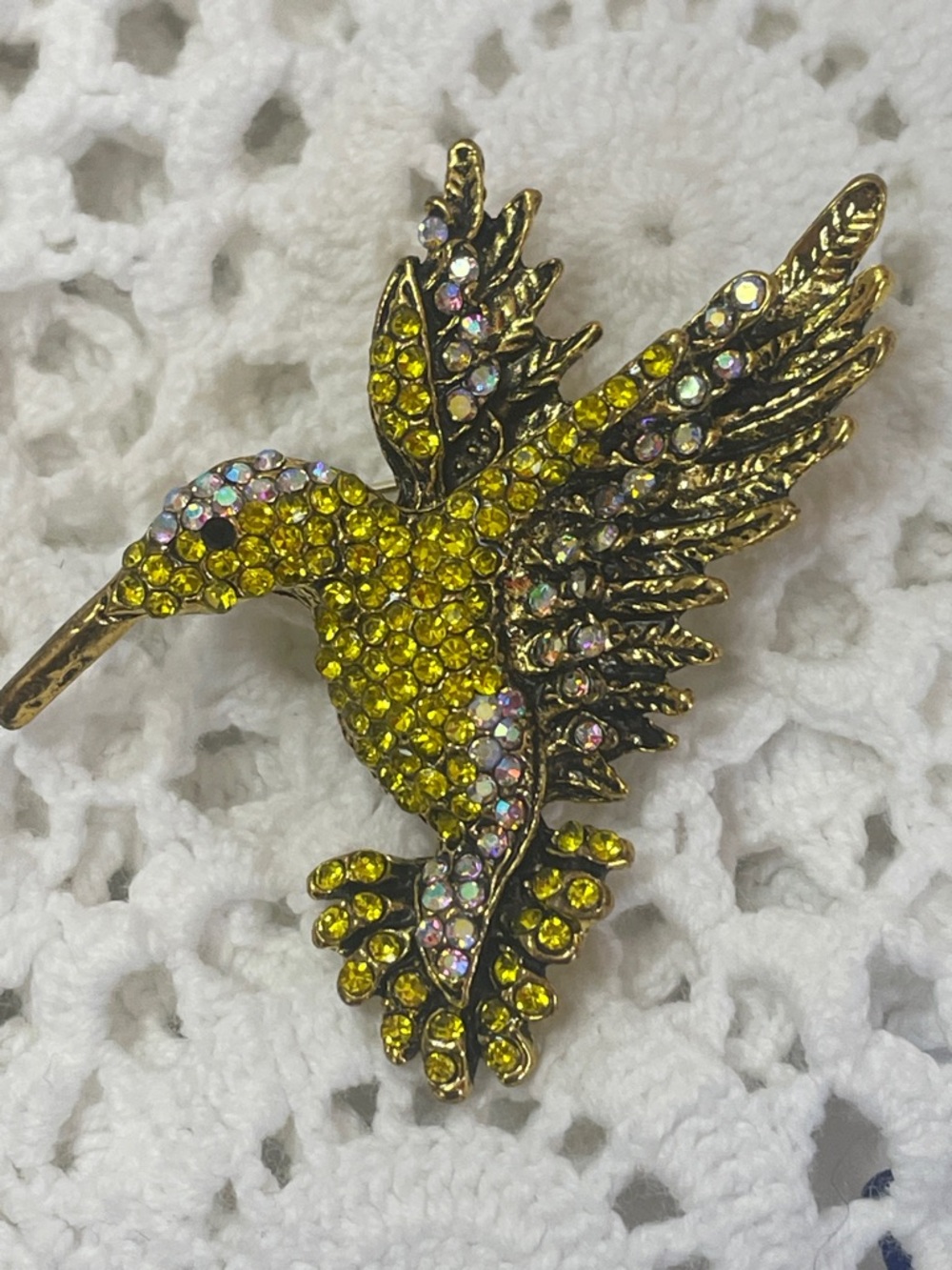 Yellow Crystal Hummingbird Brooch - Vintage-Inspired Bird Pin 2”